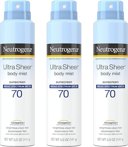 Protetor Solar Neutrogena Spray, Ultra Sheer ® Body Mist, FPS 70, Resistente à Água, Não Oleoso, 150 ml (Pack com 3 unidades)