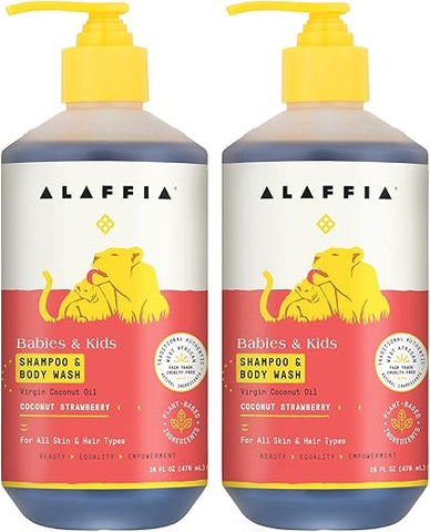 Shampoo e Sabonete Líquido para Bebês e Crianças, Suave e Calmante para Cabelos e Pele Macios com Manteiga de Karité, Neem e Óleo de Coco, Comércio Justo, Coco Morango, 2 Unidades - Alaffia