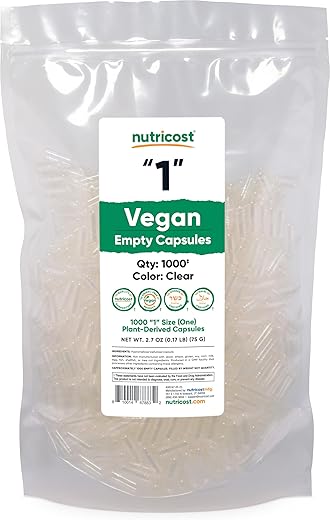 Cápsulas Vazias Tamanho 1 Vegan – 1.000 Cápsulas Vegetais Transparentes – Certificado Kosher, Certificado Halal, Não-OGM, Livre de Soja, Sem Glúten, Vegetariano - Nutricost