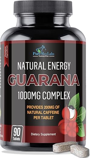 YUMMYVITE - Guarana Natural Energy 1000MG – 200MG de Cafeína Herbal (2 xícaras de café), antioxidantes, Aumenta a Energia, Comprimidos de Cafeína Natural, 90 Comprimidos