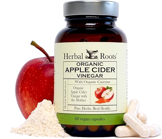 Herbal Roots - Cápsulas Veganas de Vinagre de Maçã Orgânico Herbal Roots com Mãe e Pimenta Caiena Orgânica | 650 mg | 60 Cápsulas | Marca