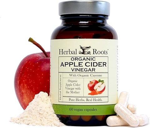 Herbal Roots - Cápsulas Veganas de Vinagre de Maçã Orgânico Herbal Roots com Mãe e Pimenta Caiena Orgânica | 650 mg | 60 Cápsulas | Marca