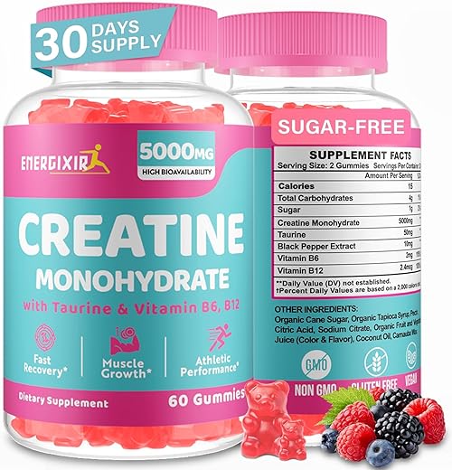 Energixir - Gomas de Creatina Monohidratada, Suplemento de Creatina para Mulheres, Mastigáveis Pré-Treino de Creatina 5000mg com Taurina