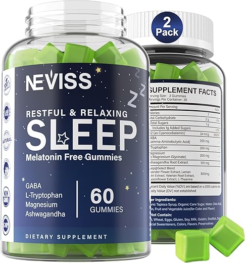 Gomas para Dormir sem Melatonina para Adultos – GABA, L-Triptofano, Magnésio, Ashwagandha – Relaxamento Profundo, Vegano, Sabor Limão Meyer, 2 Pacotes - NEVISS