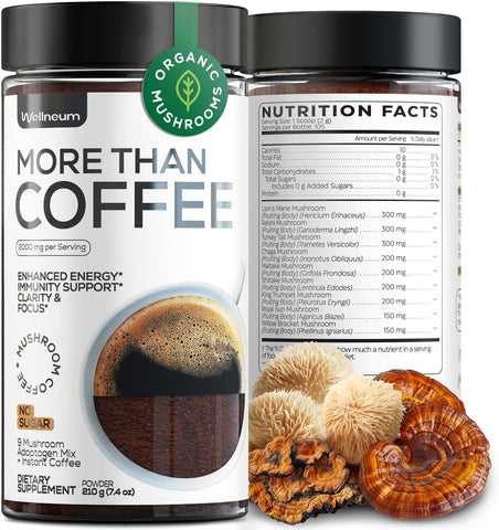 Wellneum - Café de Cogumelo – Mix de 9 Adaptógenos de Cogumelo – Cogumelo do Leão, Chaga, Cauda de Peru, Reishi, Shiitake – Café de Cogumelo Instantâneo para Saúde Intestinal, Imunidade e Estimulação Cerebral – Amigo da Dieta Keto