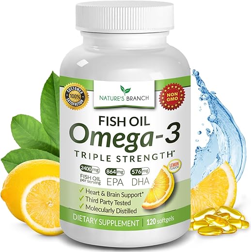 Nature's Branch - Melhor Ômega 3 Triplo Forte em Cápsulas 2400mg | 120 Unidades | Sabor Limão Potente sem Arrotos | 864mg EPA 576mg DHA Cápsulas Líquidas Ultra Pura | Cérebro Articulações Olhos Cabelos