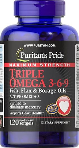 Puritan's Pride - Puritan’s Pride Triple Omega 3-6-9 Peixe, Linhaça – Ômega 3, Ômega 6 e Ômega 9 – 120 Cápsulas