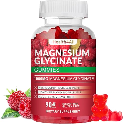Health4All - Gomas de Magnésio Glicinato 1000mg, Alta Absorção Sem Açúcar, Suplemento de Magnésio e Potássio para Relaxamento, Alívio do Estresse e Suporte ao Sono para Adultos