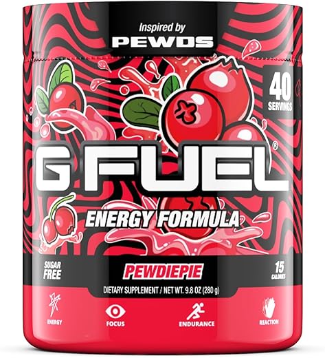PewDiePie – Pó Energético, Sem Açúcar, Foco com Cafeína Limpa, Mistura para Água, Sabor de Lingonberry, Aminoácidos de Foco, Vitaminas e Antioxidantes – 280g (40 Porções) - G Fuel