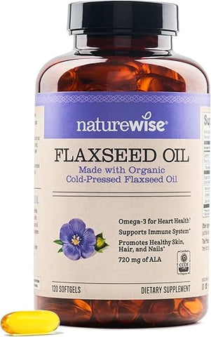 Óleo de Linhaça NatureWise 1200 mg, Ômega 3 Livre de Peixe com 720mg de ALA, Ômega 3 6 9, Suporte para a Saúde do Coração – Feito com Óleo Orgânico e Extraído a Frio, Não-OGM – 120 cápsulas