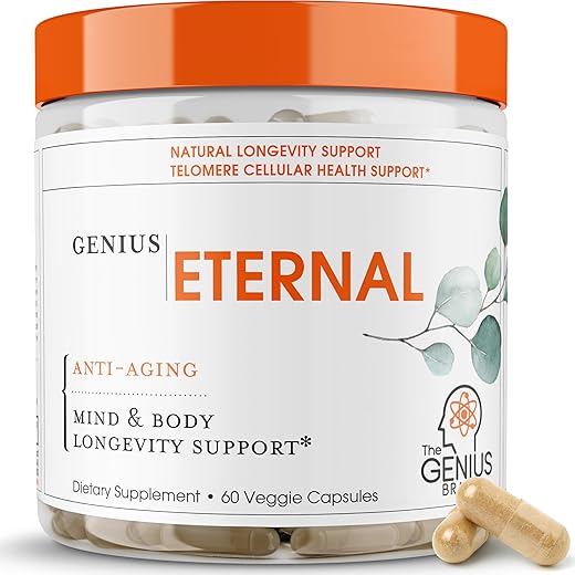 The Genius Brand - Genius Eternal – Cápsulas de Telômeros, Suplemento Anti-Envelhecimento – Ativador NRF2 NADH, Suporte de Células-Tronco para Longevidade, Energia Celular, Metabolismo – 60 Cápsulas