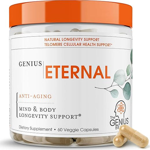 The Genius Brand - Genius Eternal – Cápsulas de Telômeros, Suplemento Anti-Envelhecimento – Ativador NRF2 NADH, Suporte de Células-Tronco para Longevidade, Energia Celular, Metabolismo – 60 Cápsulas