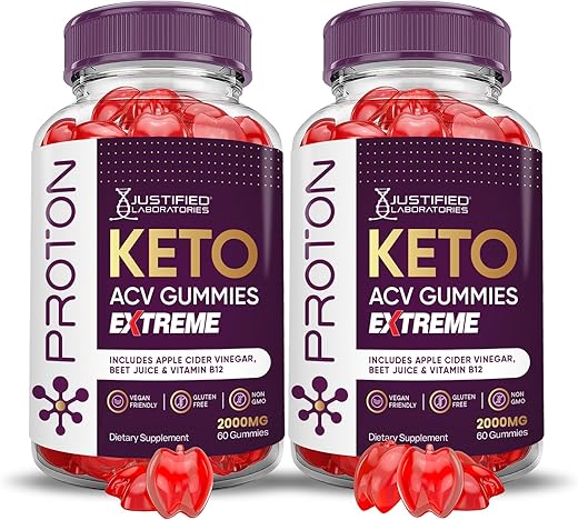 Justified Laboratories - (2 Pacotes) Gomas de Proteína Proton Keto ACV Extreme 2000MG – Gomas de Proton Keto de Vinagre de Maçã Formuladas com Suco de Romã e Beterraba em Pó B12 Vegan Non GMO 120 Gomas