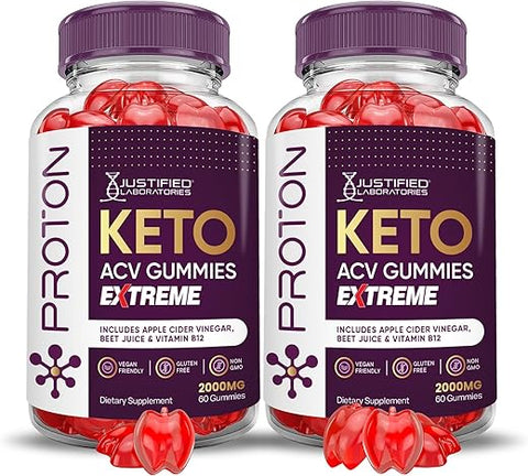 Justified Laboratories - (2 Pacotes) Gomas de Proteína Proton Keto ACV Extreme 2000MG – Gomas de Proton Keto de Vinagre de Maçã Formuladas com Suco de Romã e Beterraba em Pó B12 Vegan Non GMO 120 Gomas