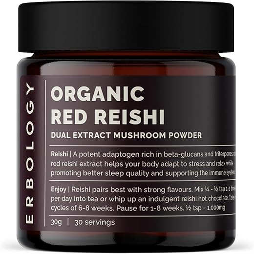 Reishi Orgânico em Pó Dual Extract 30 Porções – 18% Beta-glucanos – Suporte à Imunidade – Ganoderma Lucidum – Lote Pequeno – Cultivado de Forma Sustentável na Europa – Vegano – Não-OGM - Erbology