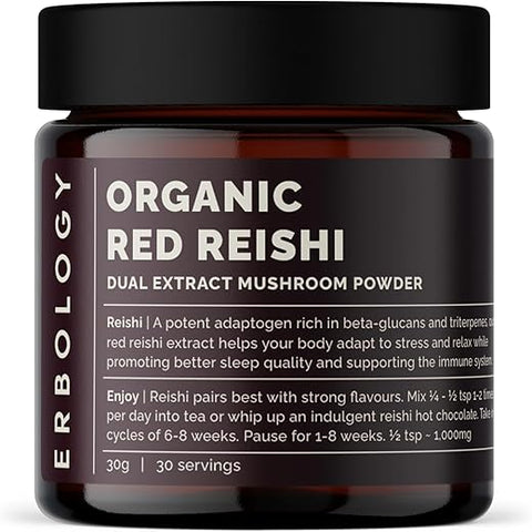 Reishi Orgânico em Pó Dual Extract 30 Porções – 18% Beta-glucanos – Suporte à Imunidade – Ganoderma Lucidum – Lote Pequeno – Cultivado de Forma Sustentável na Europa – Vegano – Não-OGM - Erbology