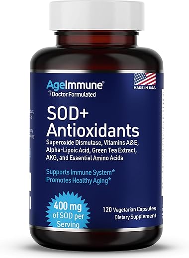 AgeImmune - SOD Complexo Antioxidante para Envelhecimento Saudável – 400mg de Superóxido Dismutase – Ácido Alfa Lipóico – Extrato de Chá Verde – L-Arginina – Lisina – AKG – Vitaminas A e E para