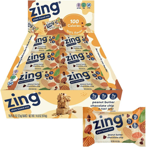 Barras de Proteína Infantil Peanut Butter Chocolate Chip, Sem Glúten, 100 Calorias, Mini Barras com Alto Teor de Proteína, Nutrição Vegana, Proteína à Base de Plantas Livre de Laticínios, Kosher, Baixo - Zing