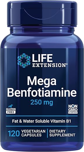 Mega Benfotiamine 250 mg – Forma lipossolúvel de tiamina, metabolismo saudável, vitamina B1 ultra-bio disponível, alta potência, sem glúten, não transgênico, vegetariano, 120 cápsulas - Life Extension