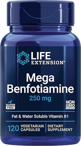 Mega Benfotiamine 250 mg – Forma lipossolúvel de tiamina, metabolismo saudável, vitamina B1 ultra-bio disponível, alta potência, sem glúten, não transgênico, vegetariano, 120 cápsulas - Life Extension
