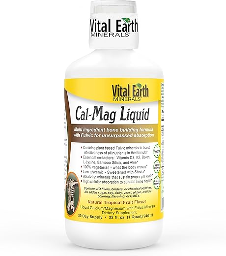 Cal-Mag Líquido – Suplemento de Cálcio e Magnésio com Vitamina D3, K2, Boro e Ácido Fúlvico para Absorção Rápida, 32 Oz 1 Oz Cup - Vital Earth Minerals