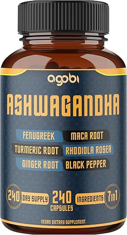 agobi - Ashwagandha 8050mg – 240 Cápsulas – 8 Meses de Fornecimento – 7 em 1 com Fenugreek, Maca, Cúrcuma, Rhodiola, Gengibre e Pimenta Preta – Suporte para Humor, Força, Espírito e Energia
