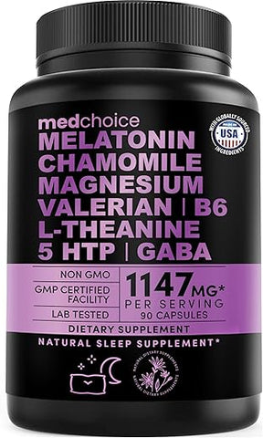 MEDCHOICE - 12 em 1 Cápsulas de Melatonina – 5mg de Melatonina para Auxiliar o Sono Natural de Adultos – 500mg de Glicinato de Magnésio, Ashwagandha, L Teanina, Raiz de Valeriana, GABA, 5-HTP – Suplemento para Dormir