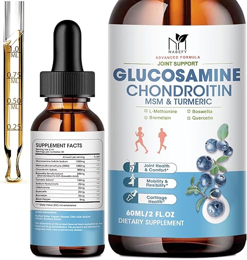 MABEFY - Glucosamina Condroitina MSM Gotas Líquidas c/ Cúrcuma Boswellia Quercetina Bromelina – Vegano, Suporte Antioxidante para Costas, Joelhos, Mãos – Suplemento de Suporte Articular Promove Saúde