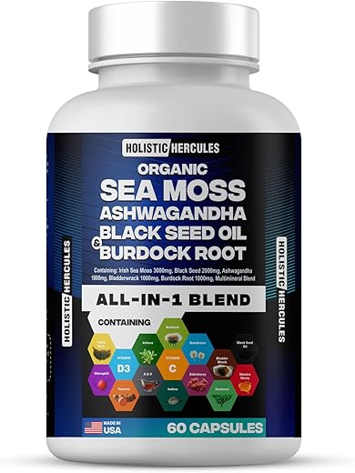 Holistic Hercules - Blend: Sea Moss 9000mg, Black Seed Oil 6000mg, Ashwagandha 3000mg, Burdock 2000mg – Potência Natural para Saúde e Bem-Estar