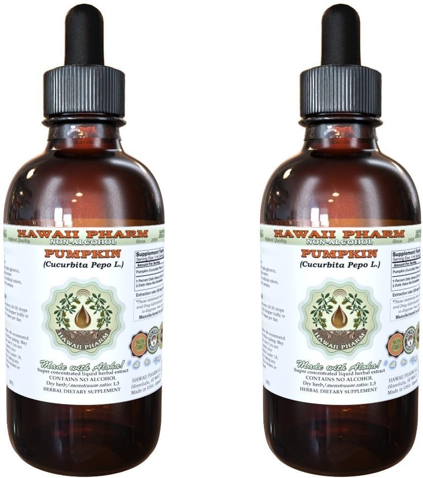 Extrato Líquido de Abóbora Sem Álcool, Semente Seca de Abóbora (Cucurbita Pepo L.) Glicerito de Suplemento Herbal Natural, Hawaii Pharm, EUA 2×120 ml