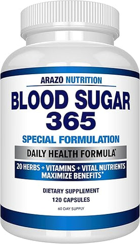 Blood Sugar 365 – Níveis de Energia Saudáveis – 120 Cápsulas Naturais – Fornecimento de 60 Dias - Arazo Nutrition