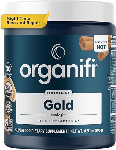 Gold: Pó Suplemento Superfood – 30 Porções – Suporte ao Estresse, Melhor Descanso, Relaxamento e Promove um Sono Repousante – Cúrcuma e Reishi Infundidos - Organifi