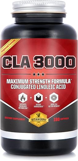 Vitamorph - CLA 3000 – Óleo de Cártamo CLA para Metabolismo e Gerenciamento de Perda de Peso, Ácido Linoleico Conjugado de Máxima Potência, Livre de Estimulantes e Não-OGM, 180 Softgels de Cártamo CLA