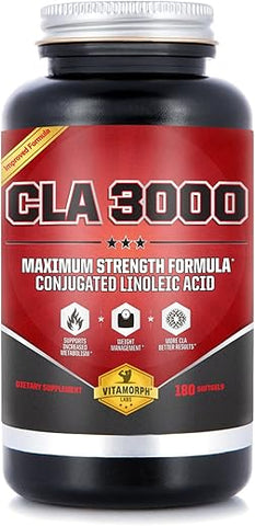 Vitamorph - CLA 3000 – Óleo de Cártamo CLA para Metabolismo e Gerenciamento de Perda de Peso, Ácido Linoleico Conjugado de Máxima Potência, Livre de Estimulantes e Não-OGM, 180 Softgels de Cártamo CLA