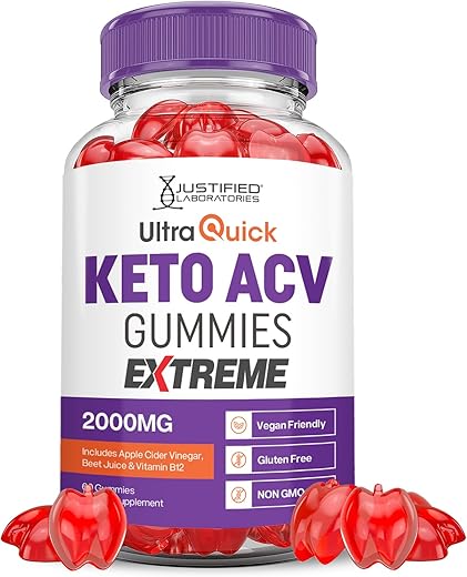 Justified Laboratories - Ultra Quick Keto ACV Gummies Extreme 2000MG – Gomas Ultraquick Keto de Vinagre de Maçã Formuladas com Pó de Romã e Beterraba, Vitamina B12, Veganas, Não Transgênicas – 60 Gomas