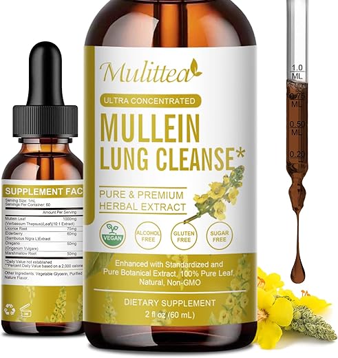 Mulittea - Gotas de Mullein 5 em 1 para os Pulmões – Folha de Mullein