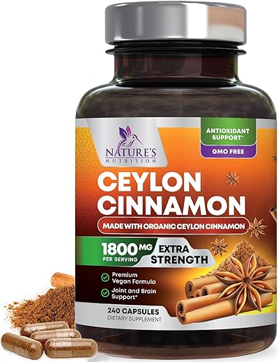 Nature's Nutrition - Cápsulas de Canela Pura Certificada Orgânica, Cápsulas de Canela Ceylon, Sem OGM, Sem Glúten, Sem Lactose, Suplemento em Pó de Canela do Sri Lanka, Melhores Vitaminas Veganas de Cinnamomum True