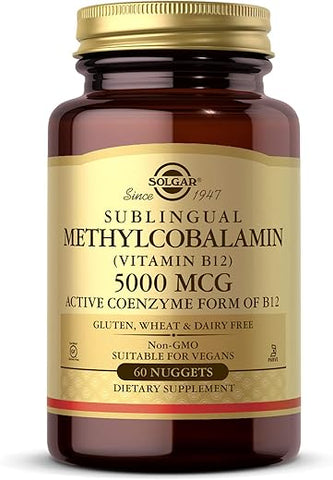 SOLGAR - Solgar Methylcobalamin Vitamina B12 5000 mcg – Suporte Energético, Forma Ativa de B12, Não-OGM, Vegano, Sem Glúten