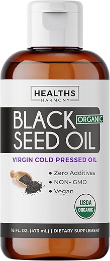 Healths Harmony - Óleo de Semente de Cominho Preto Líquido Orgânico USDA (473 ml) Premium Extraído a Frio de Nigella Sativa Produzindo Puro Óleo de Semente de Cominho Preto – Suplemento Antioxidante – Vegano, Sem Glúten