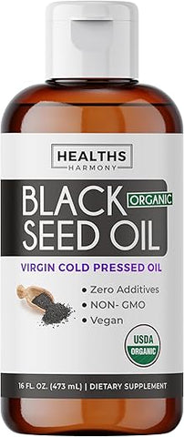 Healths Harmony - Óleo de Semente de Cominho Preto Líquido Orgânico USDA (473 ml) Premium Extraído a Frio de Nigella Sativa Produzindo Puro Óleo de Semente de Cominho Preto – Suplemento Antioxidante – Vegano, Sem Glúten