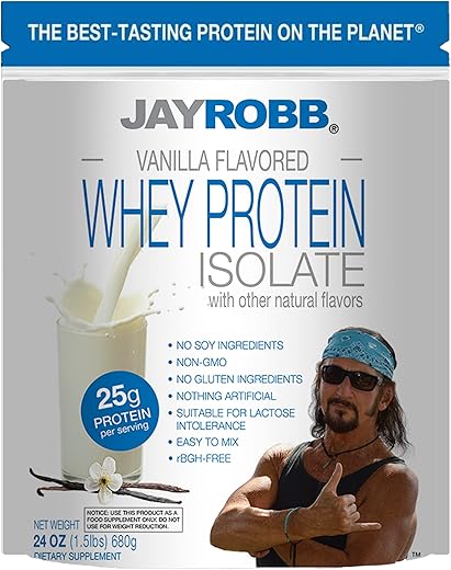 Whey Isolado de Baunilha em Pó – Baixo Carboidrato, Keto, Vegetariano, Sem Glúten, Sem Lactose, Sem Açúcar Adicionado, Sem Gordura, Sem Soja, Sem Ingredientes Artificiais, Não-OGM, Melhor Sabor (24g) - JAYROBB