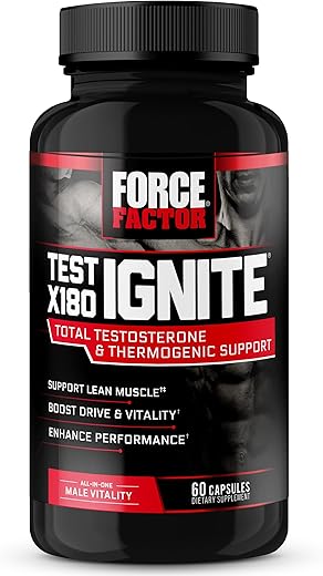 Force Factor - FORCE FACTOR Test X180 Ignite – Suplemento para Aumentar Testosterona em Homens, Queimar Gordura, Aumentar Vitalidade e Energia – 60 Cápsulas