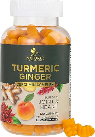 Nature's Nutrition - Gomas de Cúrcuma Curcumina e Gengibre com Extrato de Pimenta Preta, Alta Absorção Potente 95%% Curcuminoides Suplemento de Cúrcuma Curcumina da Natureza, Comprimidos de Goma de Cúrcuma para Articulações