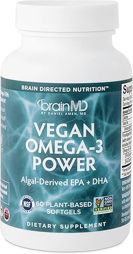 Dr Amen Ômega-3 Vegano em Cápsulas – 60 Softgels à Base de Plantas – 1.100 mg de EPA - BRAINMD