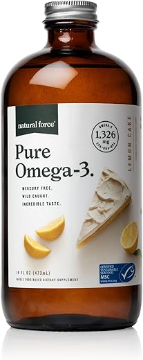 Óleo de Peixe Natural Force Pure Omega 3 – Sabor Delicioso de Bolo de Limão – Livre de Mercúrio, Capturado na Natureza, Testado em Laboratório – 1.326 mg de Triglicerídeo EPA, DHA – 125 ml