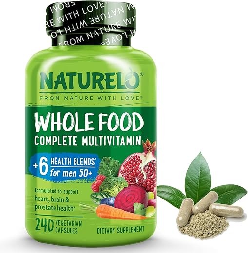 Multivitamínico Integral para Homens 50 – com Vitaminas, Minerais, Extratos Herbais Orgânicos – Vegano Vegetariano – para Energia, Cérebro, Coração e Saúde Ocular – 240 Cápsulas - NATURELO