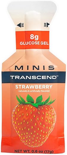 Foods Mini Gel de Morango (17g, Pacote com 12) – Gel de Carboidrato de Ação Rápida Sabor Morango – Tamanho de Viagem, Sem Cafeína, Sem Glúten - Transcend