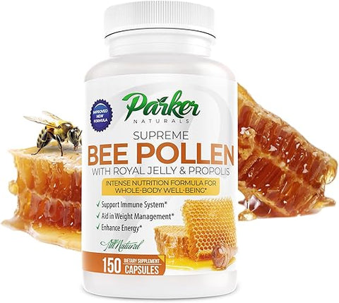 Parker Naturals - Supreme Bee Pollen Capsules – 3520 mg Royal Jelly, Bee Pollen e Bee Propolis – Suplemento Natural de Pólen de Abelha para Adultos – 150 Cápsulas