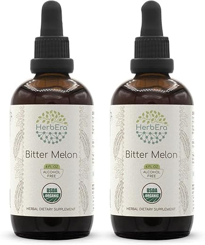 HerbEra - Bitter Melon B120 Tintura Orgânica USDA | Extrato Livre de Álcool, Gotas Herbais de Alta Potência | Melão Amargo Orgânico Certificado (Momordica Charantia) Fruta Seca (2×4 fl oz)