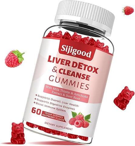 Sijigood - Limpeza e Desintoxicação do Fígado – Gomas de Reparo – 1000mg Silimarina Suplemento de Cardo Mariano com Alcachofra, Dente-de-leão e Sabugueiro – Suporte ao Fígado – 60 Gomas com Sabor de Framboesa